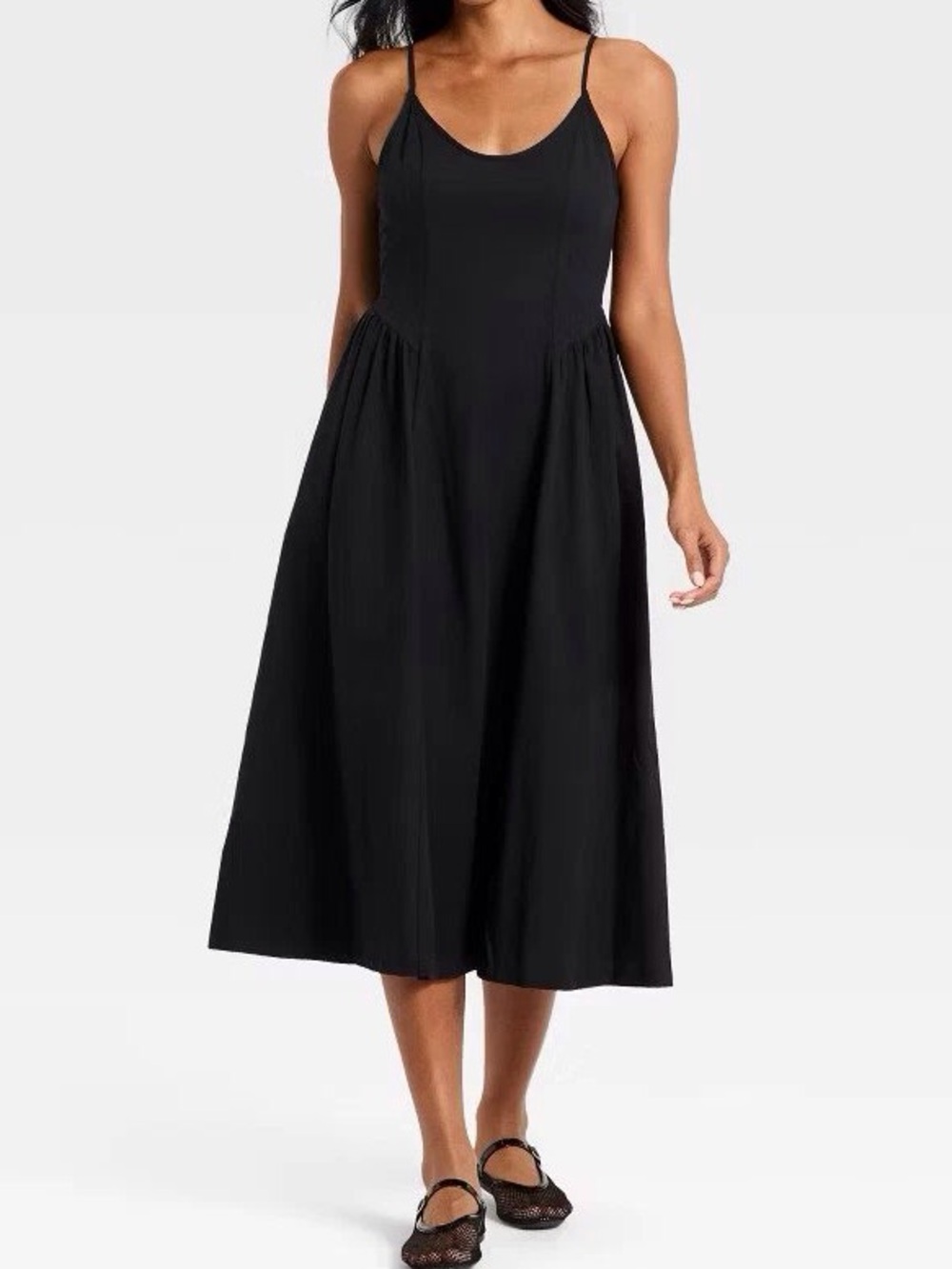 Black Spaghetti-Strap Midi Dress with Flared Skirt